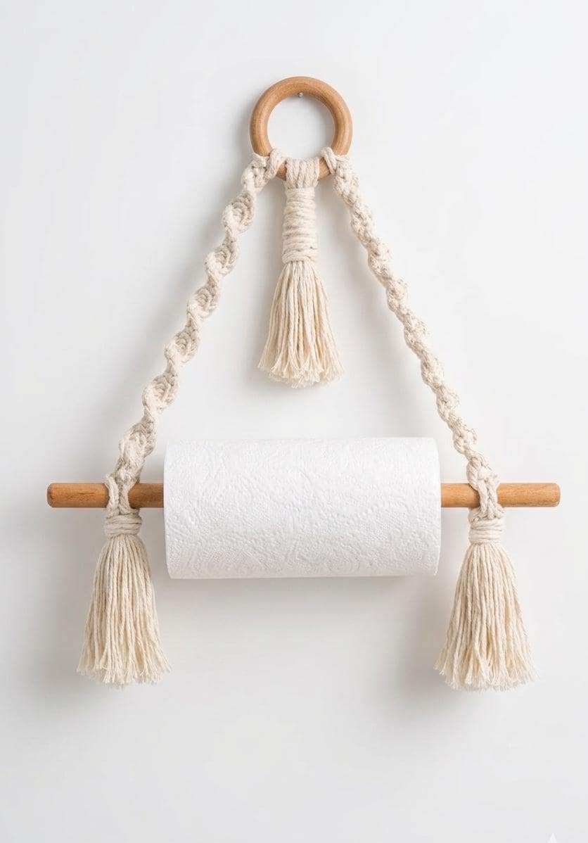 Macrame Towel Rack | Wooden Dowel Wall Hanging Tissue Holder | Rustic Bathroom Decor