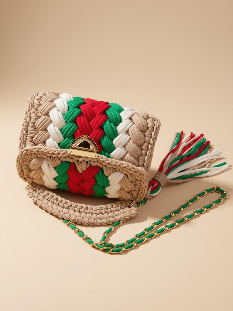 Crochet Shoulder Bag | Vibrant Handwoven Purse | T Shirt Yarn Fashion Bag | Chunky Knit Handbag | Everyday Boho Accessory