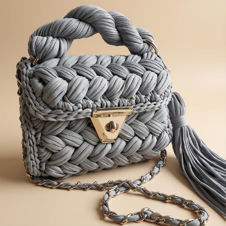 Gray Crochet Sling Bag | Knitted T Shirt Yarn Crossbody Bag | Mini Boho Shoulder Purse | Acrylic Chain Handbag | Summer Bag | Gift for Her