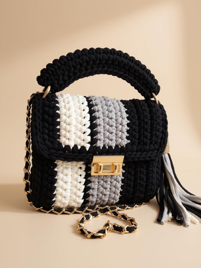 Handmade Black & White Woven Bag | Knitted Crochet Shoulder Purse | T Shirt Yarn Sling Bag | Top Handle Crossbody Handbag | Boho Summer Bag