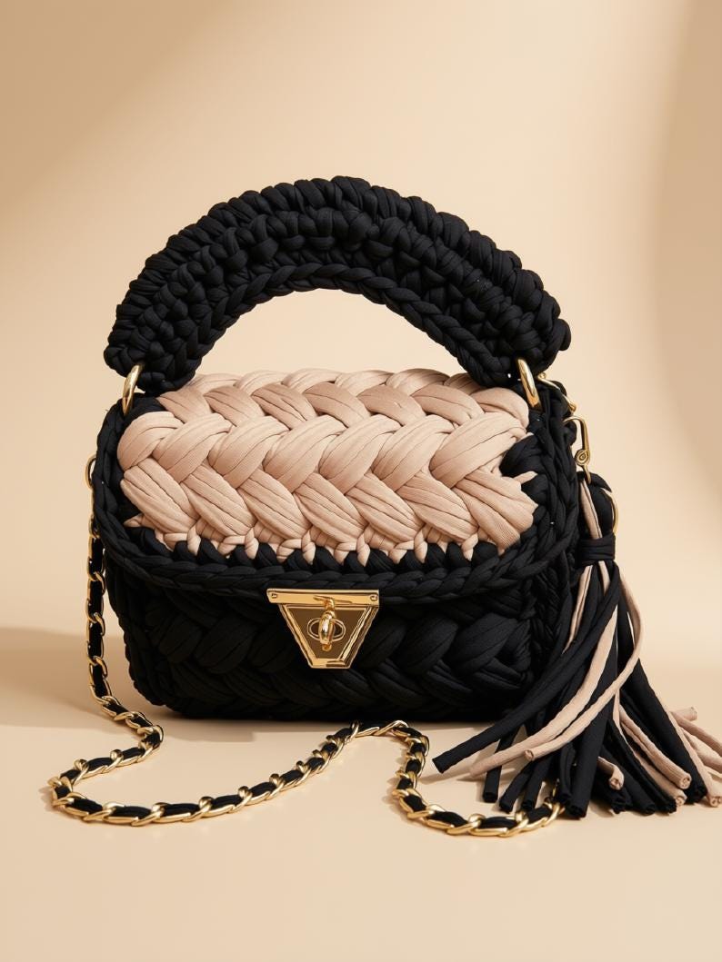 Black Handmade Crochet Shoulder Bag | Knitted T Shirt Yarn Mini Purse | Designer handbag | Boho Crossbody Bag | Small Bag | Gift for Her