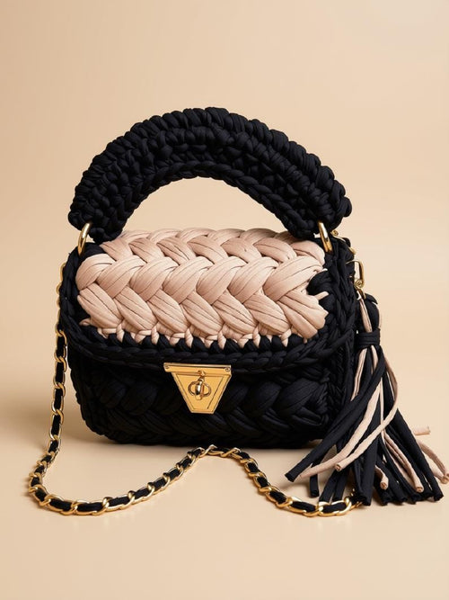 Black Handmade Crochet Shoulder Bag | Knitted T Shirt Yarn Mini Purse | Designer handbag | Boho Crossbody Bag | Small Bag | Gift for Her