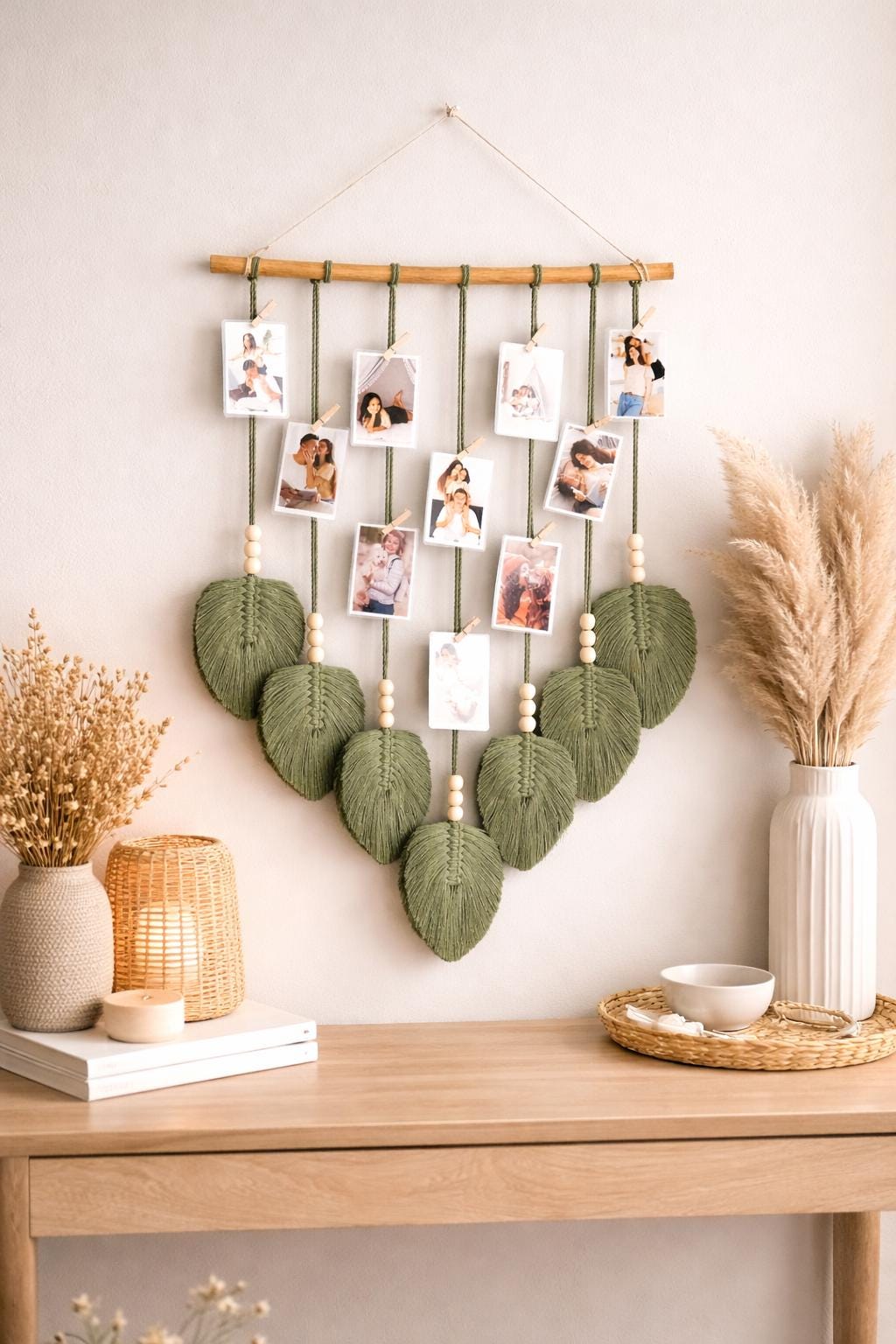 Boho Macramé Photo Wall Hanging – Handmade Leaf Tapestry & Picture Display Decor