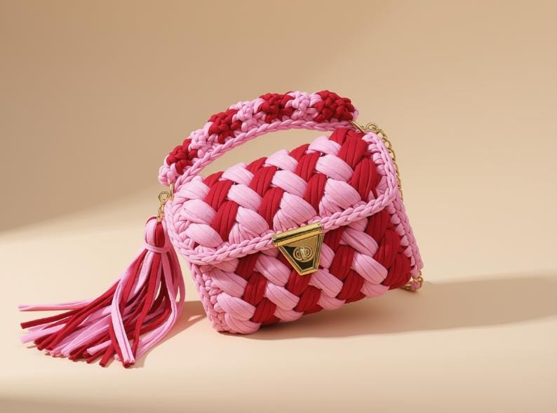 Pink Crochet Shoulder Bag | T-Shirt Yarn Purse |Sling Bag |Knitted Crossbody Handbag | Wedding Bag | Summer Beach Purse | Women's Bag