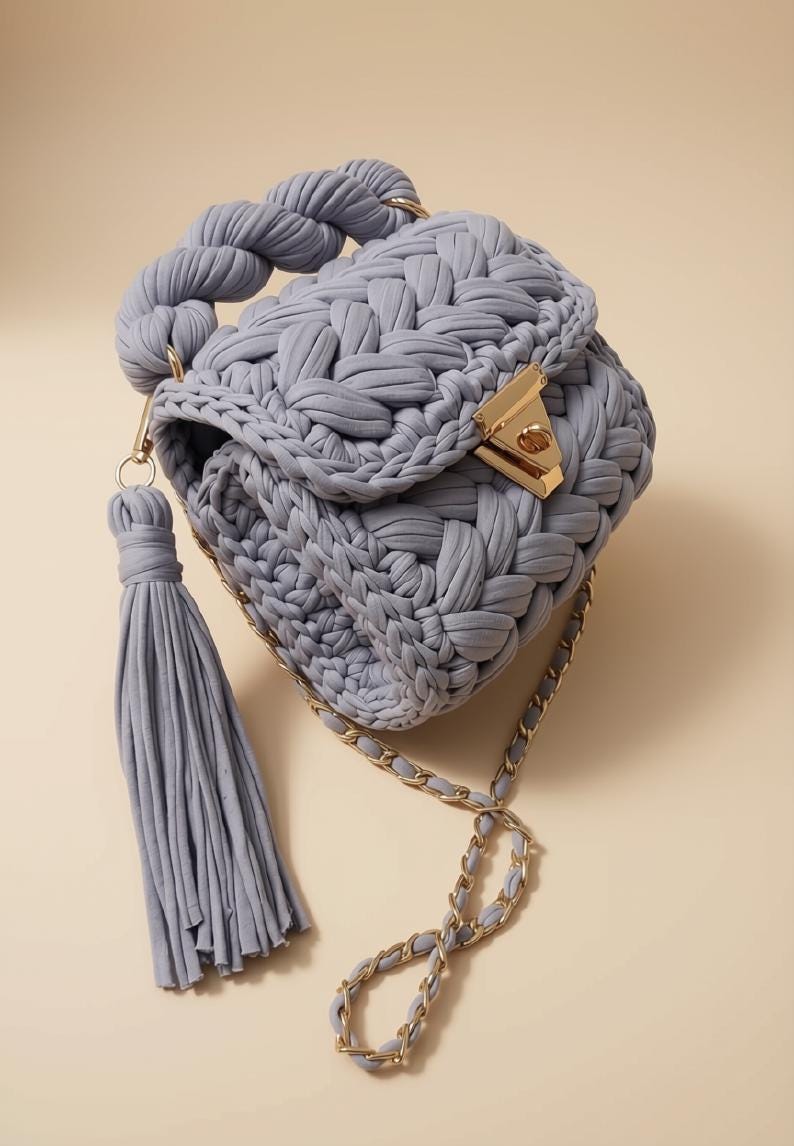 Gray Crochet Bag | T Shirt Yarn Bag | Knitted Woven Purse | Crochet Sling Bag | Boho Crossbody Handbag | Chunky Summer Bag | Gift for Her