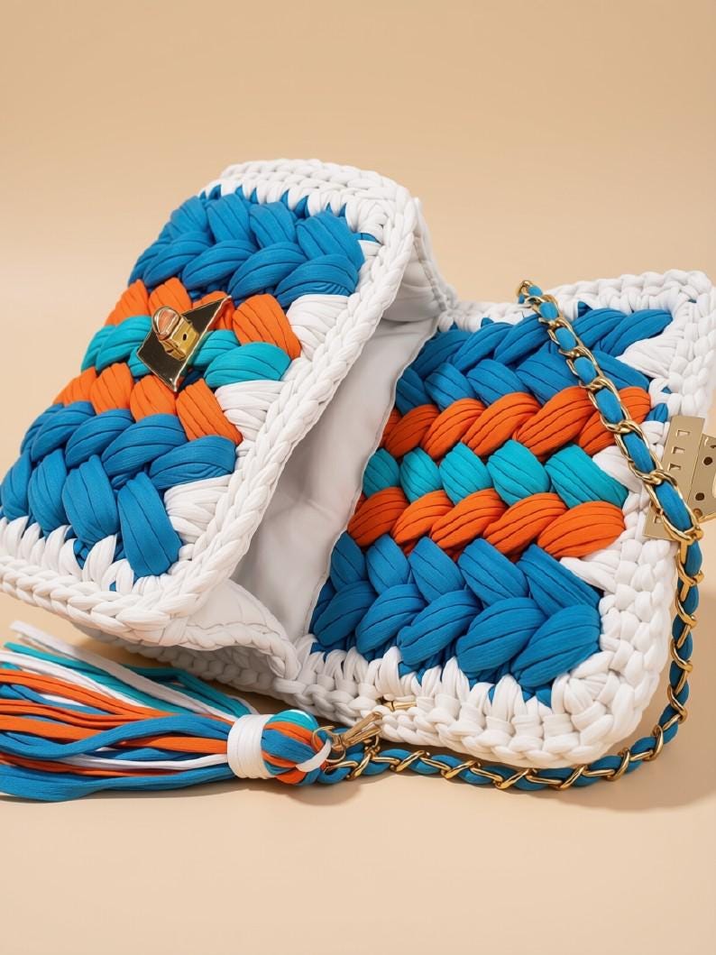 Chunky Crochet Handbag | Multi Color Knitted Purse | Handmade T Shirt Yarn Shoulder Bag | Boho Designer Crossbody | Everyday fashion bag