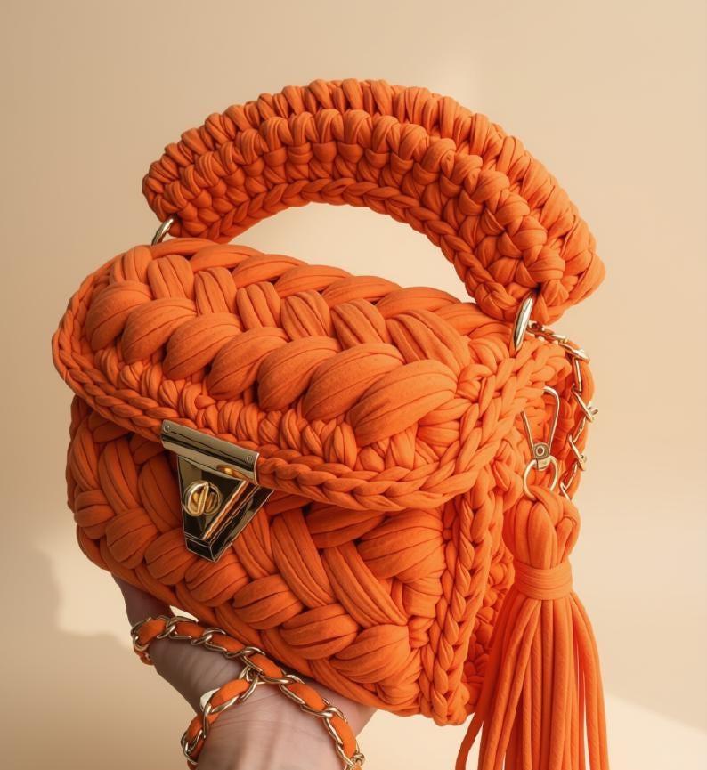 Orange Crochet Mini Bag | Braided T-Shirt Yarn Purse | Knitted Shoulder Handbag | Boho Sling Bag | Woven Crossbody Purse |Gift for Her