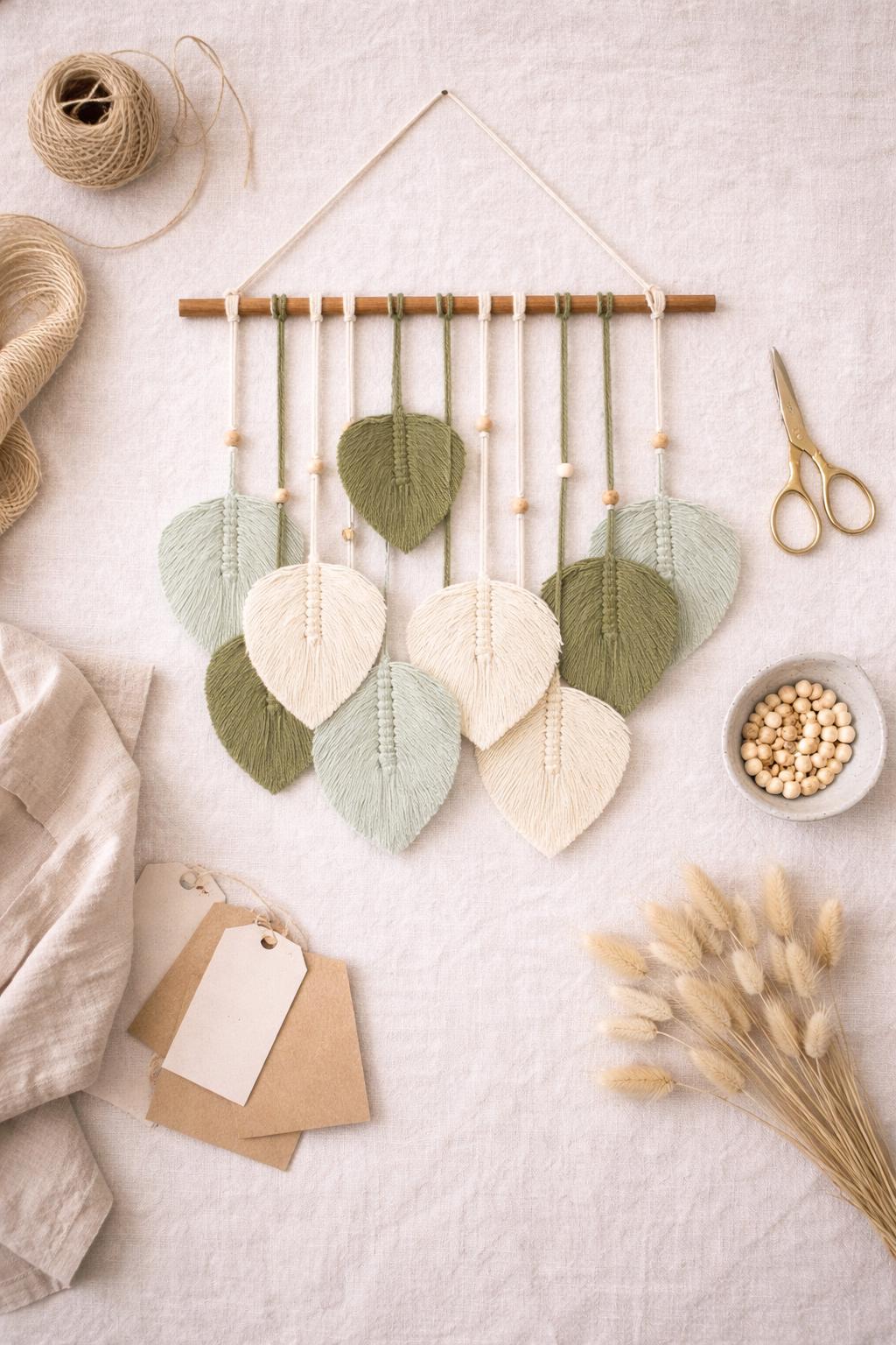 Macrame Leaf Wall Hanging | Boho Cotton Rope Wall Decor | Woven Leaf Tapestry with Natural Wood | Rustic Home Decor