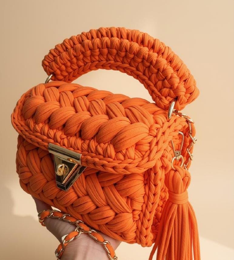 Orange Crochet Mini Bag | Braided T-Shirt Yarn Purse | Knitted Shoulder Handbag | Boho Sling Bag | Woven Crossbody Purse |Gift for Her