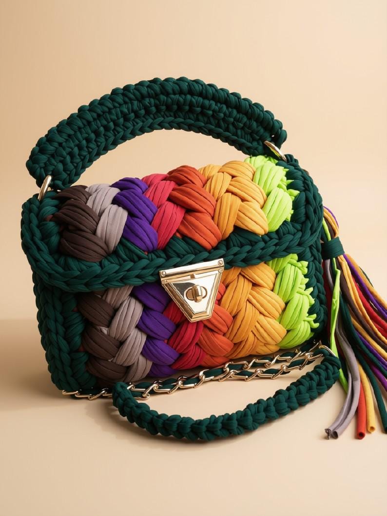 Handmade Crochet Shoulder Bag | Knitted T-Shirt Yarn Chain Sling Bag | Boho Crossbody Purse | Woven Handbag | Multi Color Bag | Gift for Her
