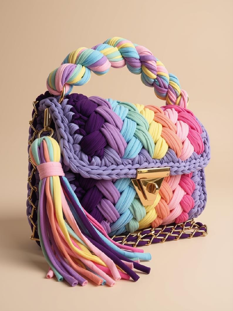 Handmade Crochet Shoulder Bag | Knitted T-Shirt Yarn Chain Sling Bag | Boho Crossbody Purse | Woven Handbag | Multi Color Bag | Gift for Her