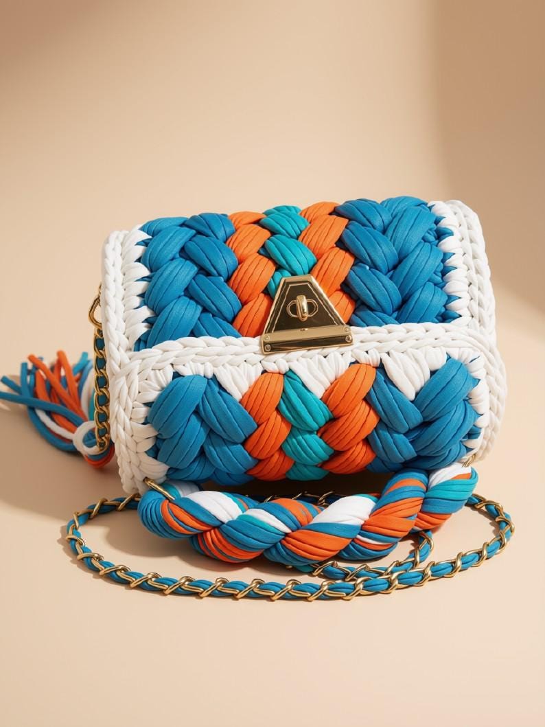Chunky Crochet Handbag | Multi Color Knitted Purse | Handmade T Shirt Yarn Shoulder Bag | Boho Designer Crossbody | Everyday fashion bag