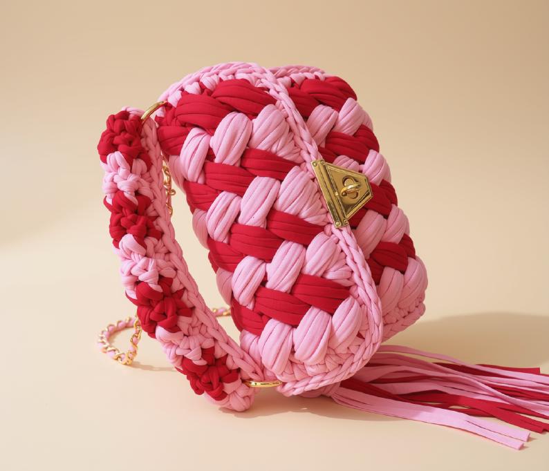 Pink Crochet Shoulder Bag | T-Shirt Yarn Purse |Sling Bag |Knitted Crossbody Handbag | Wedding Bag | Summer Beach Purse | Women's Bag