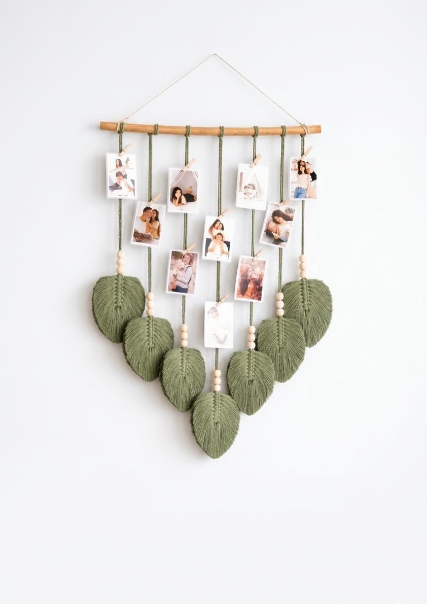 Boho Macramé Photo Wall Hanging – Handmade Leaf Tapestry & Picture Display Decor