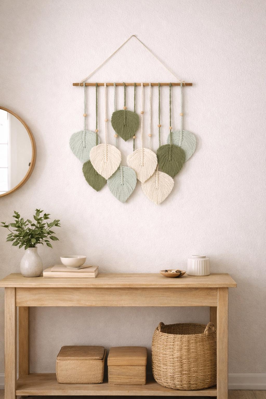 Macrame Leaf Wall Hanging | Boho Cotton Rope Wall Decor | Woven Leaf Tapestry with Natural Wood | Rustic Home Decor