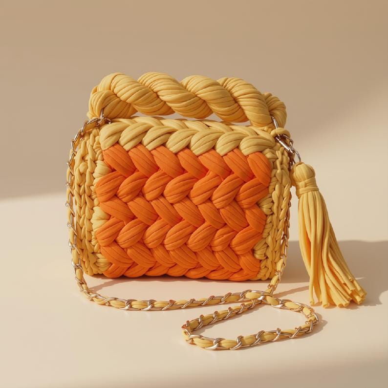 Orange Crochet Sling Bag | Knitted T Shirt Yarn Crossbody Bag | Mini Boho Shoulder Purse | Chain Bag | Summer Beach Handbag | Gift for Her
