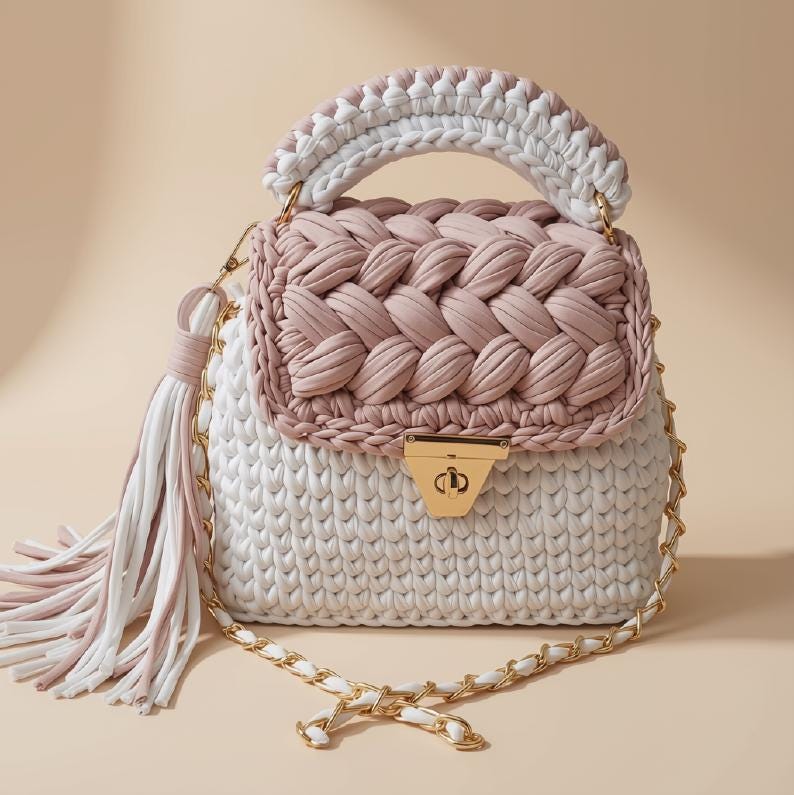 Pink & White Crochet Bag | Bridal Purse | T Shirt Yarn Bag | Knitted Woven Sling Bag | Everyday Handbag | Boho Crossbody Bag | Gift for Her