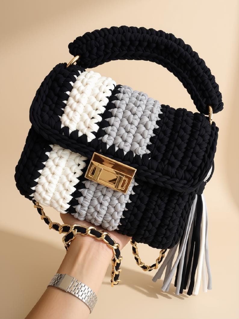 Handmade Black & White Woven Bag | Knitted Crochet Shoulder Purse | T Shirt Yarn Sling Bag | Top Handle Crossbody Handbag | Boho Summer Bag