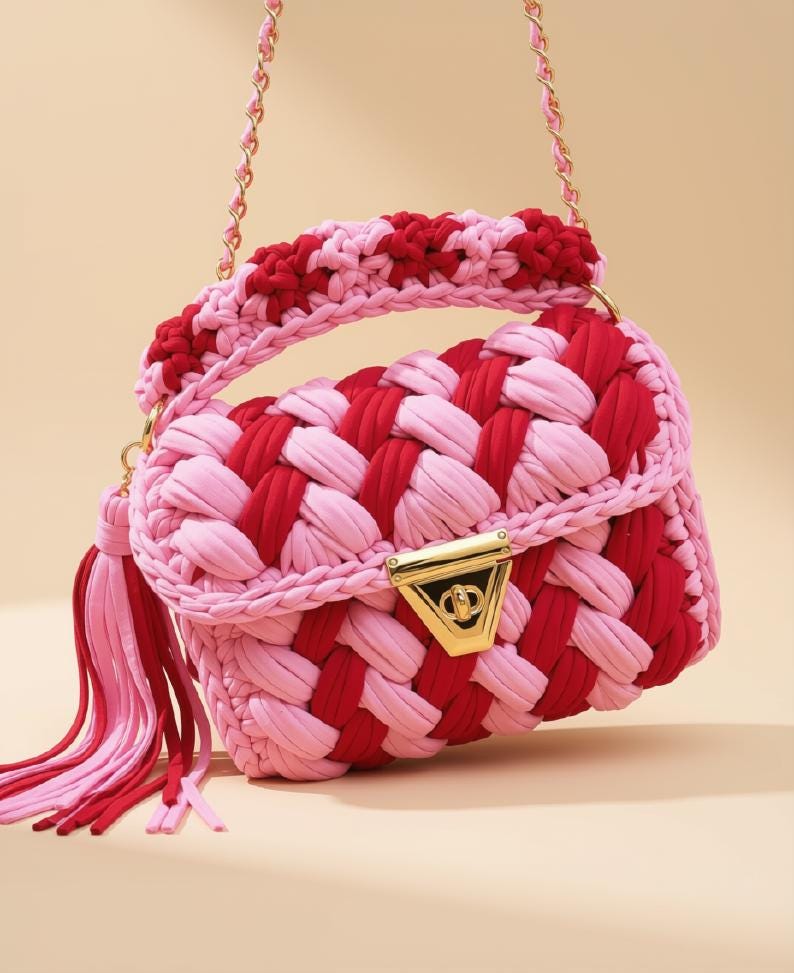 Pink Crochet Shoulder Bag | T-Shirt Yarn Purse |Sling Bag |Knitted Crossbody Handbag | Wedding Bag | Summer Beach Purse | Women's Bag