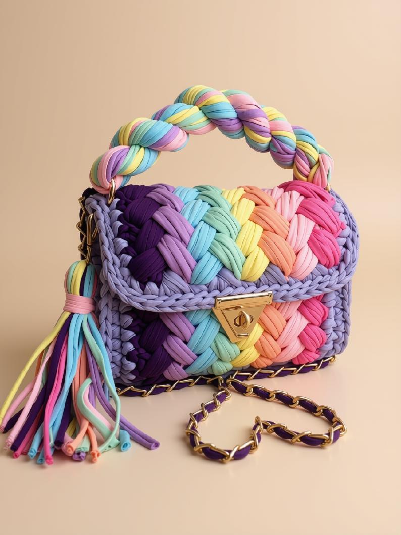 Handmade Crochet Shoulder Bag | Knitted T-Shirt Yarn Chain Sling Bag | Boho Crossbody Purse | Woven Handbag | Multi Color Bag | Gift for Her