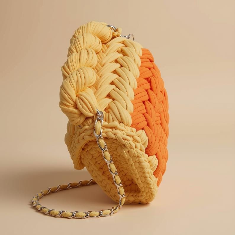 Orange Crochet Sling Bag | Knitted T Shirt Yarn Crossbody Bag | Mini Boho Shoulder Purse | Chain Bag | Summer Beach Handbag | Gift for Her