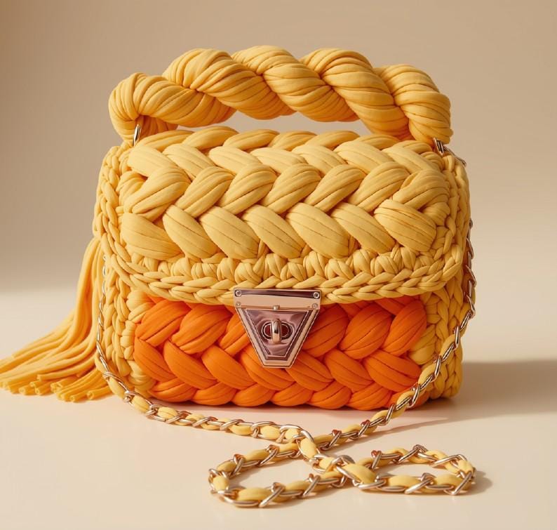Orange Crochet Sling Bag | Knitted T Shirt Yarn Crossbody Bag | Mini Boho Shoulder Purse | Chain Bag | Summer Beach Handbag | Gift for Her