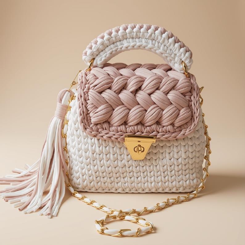 Pink & White Crochet Bag | Bridal Purse | T Shirt Yarn Bag | Knitted Woven Sling Bag | Everyday Handbag | Boho Crossbody Bag | Gift for Her