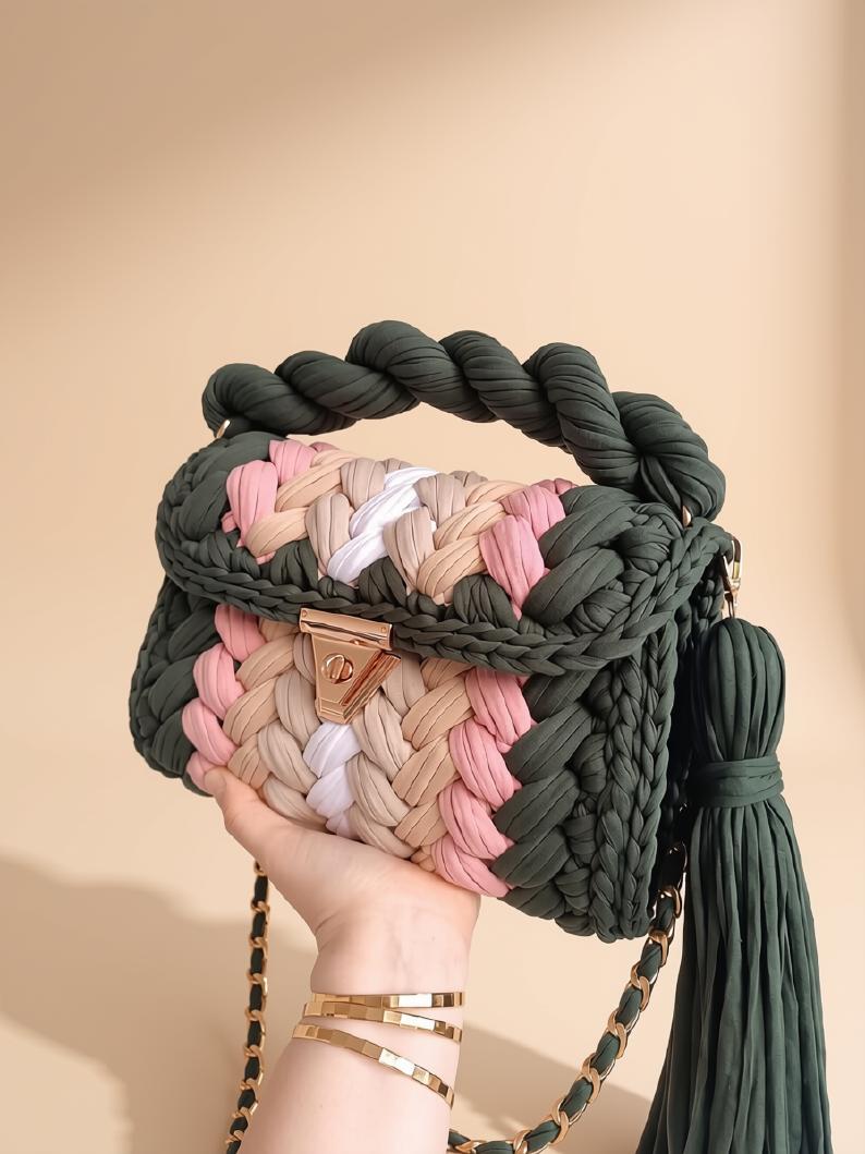 Colorful Braided Crochet Shoulder Bag | T Shirt Yarn Purse | Knitted Woven Handbag | Boho Crossbody Bag | Summer Beach Bag | Gift for Her