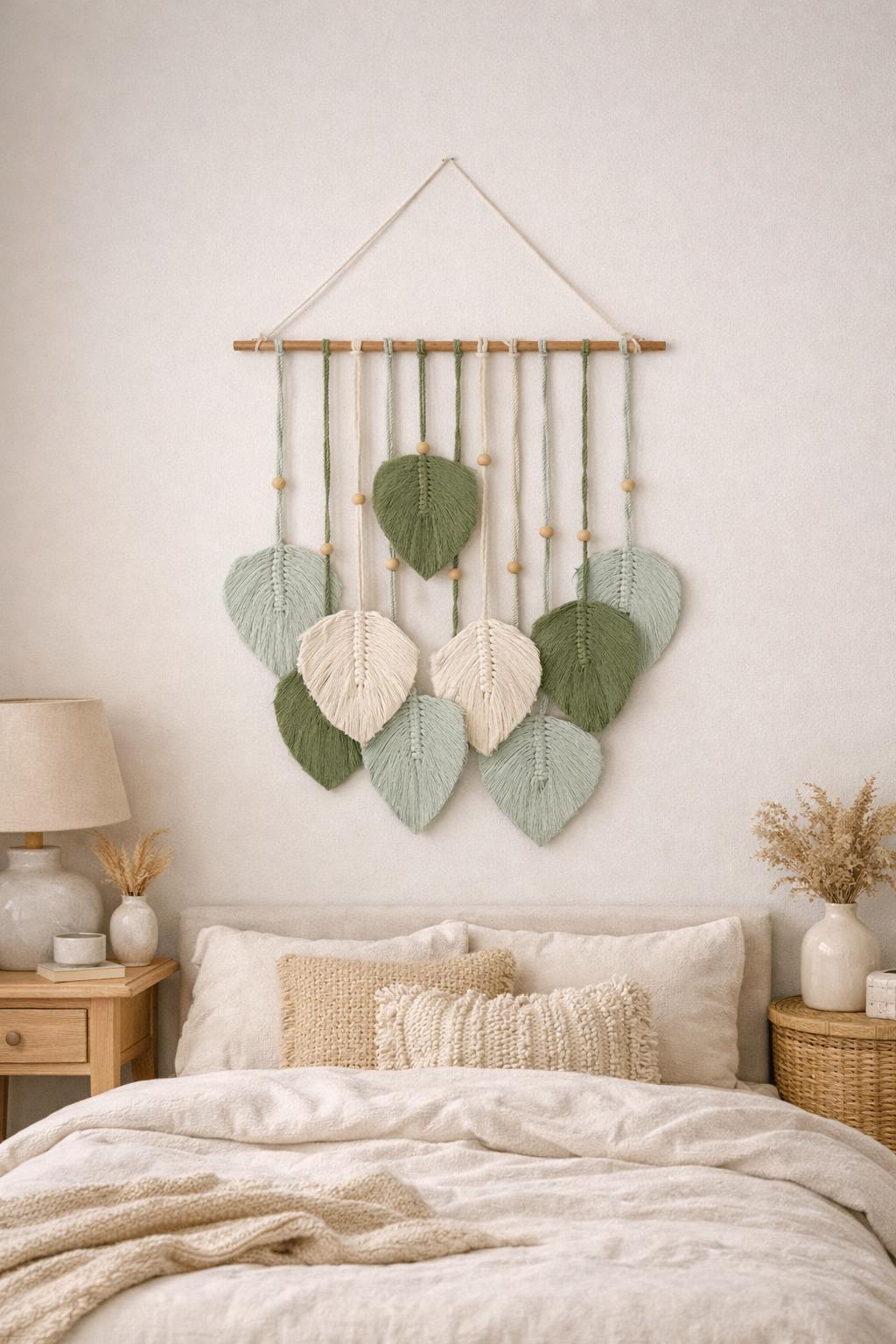 Macrame Leaf Wall Hanging | Boho Cotton Rope Wall Decor | Woven Leaf Tapestry with Natural Wood | Rustic Home Decor