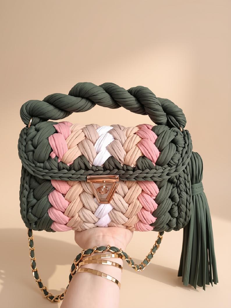 Colorful Braided Crochet Shoulder Bag | T Shirt Yarn Purse | Knitted Woven Handbag | Boho Crossbody Bag | Summer Beach Bag | Gift for Her