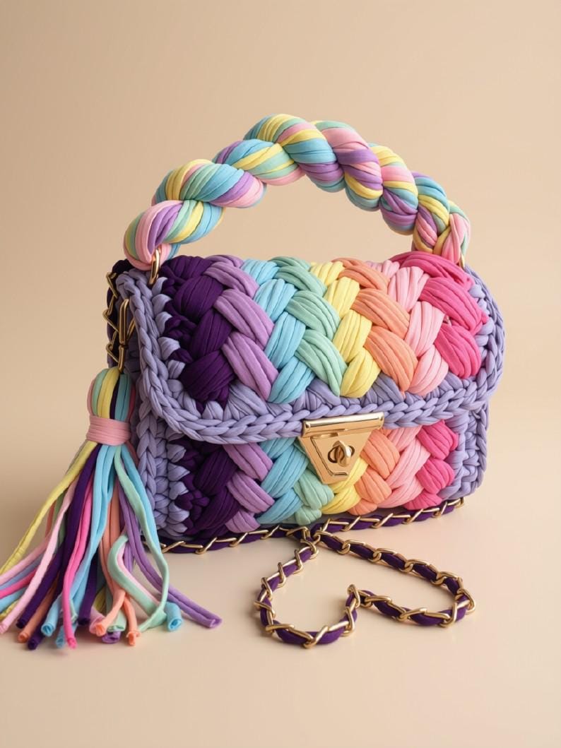 Handmade Crochet Shoulder Bag | Knitted T-Shirt Yarn Chain Sling Bag | Boho Crossbody Purse | Woven Handbag | Multi Color Bag | Gift for Her
