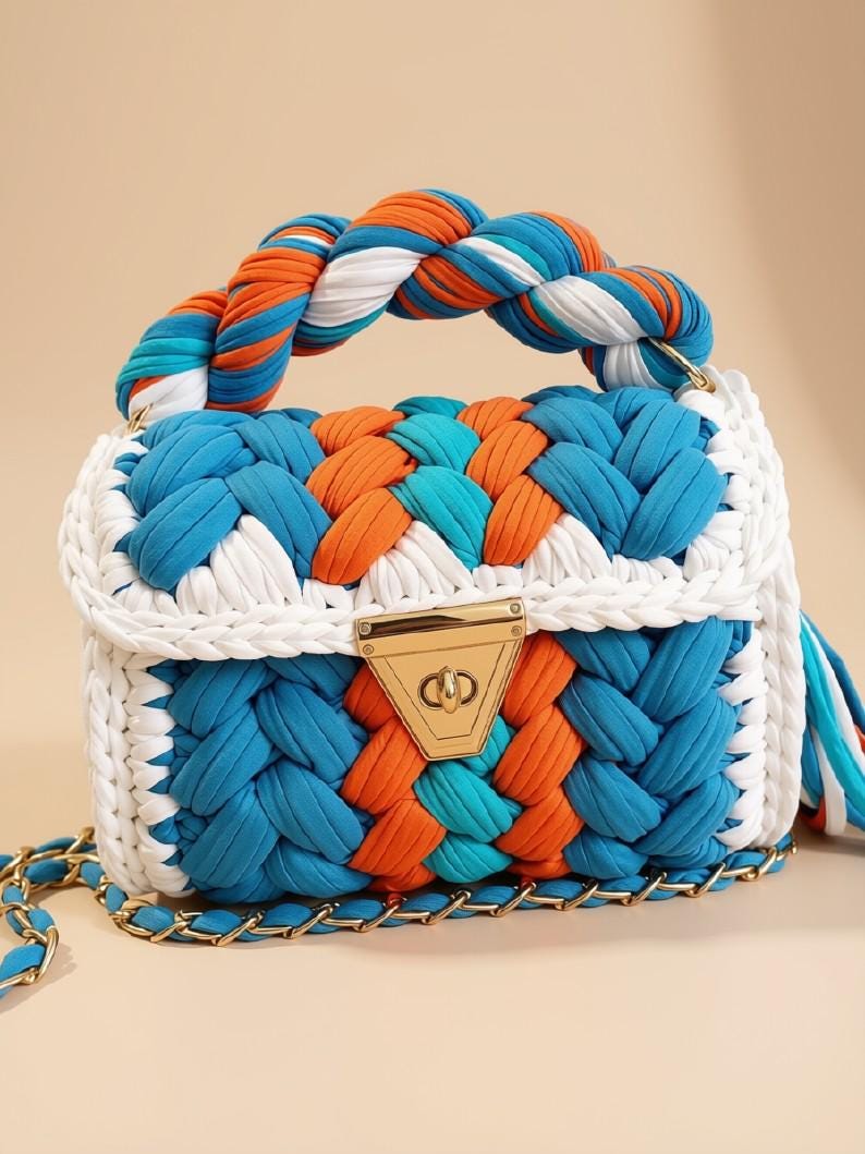 Chunky Crochet Handbag | Multi Color Knitted Purse | Handmade T Shirt Yarn Shoulder Bag | Boho Designer Crossbody | Everyday fashion bag