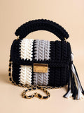 Handmade Black & White Woven Bag | Knitted Crochet Shoulder Purse | T Shirt Yarn Sling Bag | Top Handle Crossbody Handbag | Boho Summer Bag