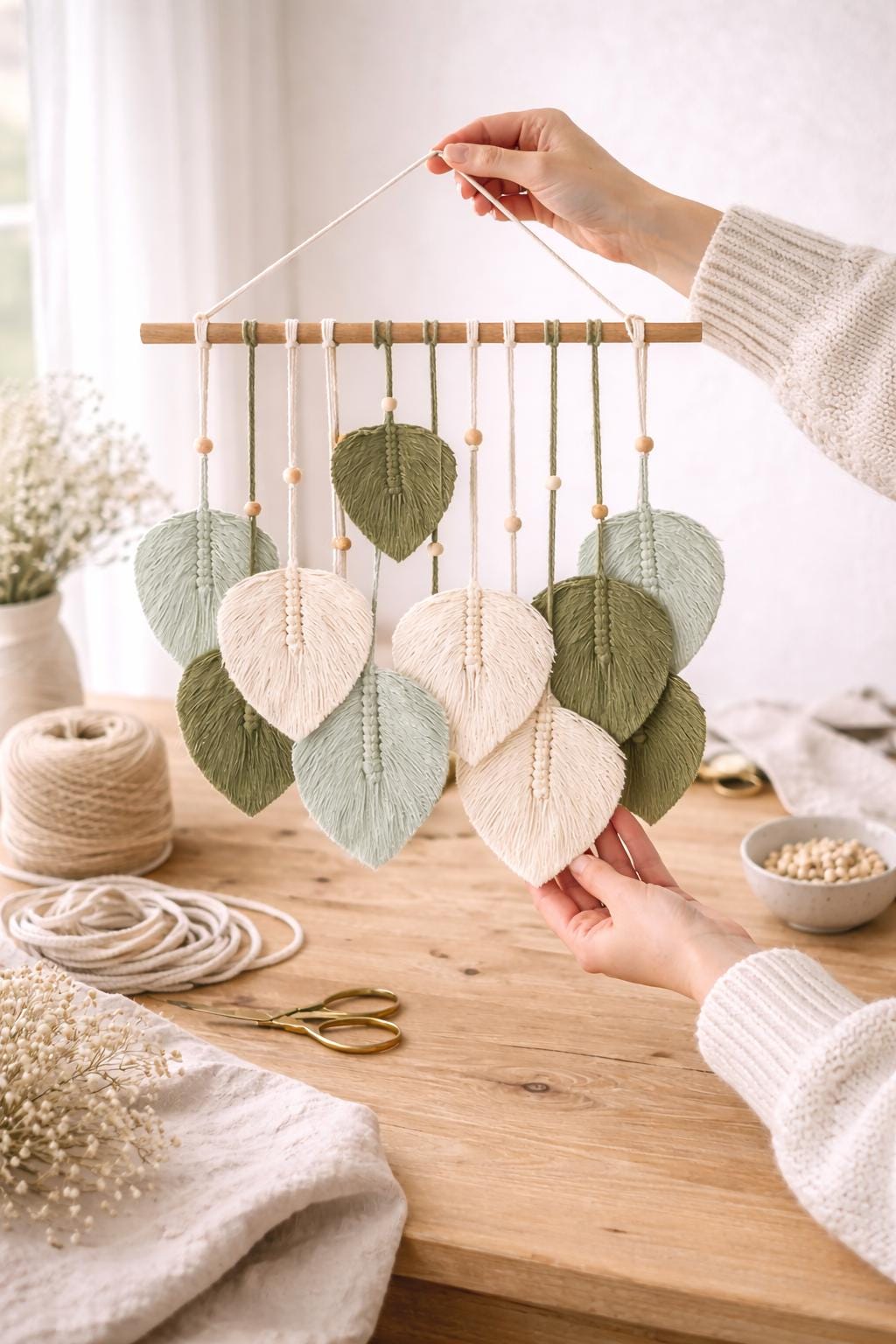 Macrame Leaf Wall Hanging | Boho Cotton Rope Wall Decor | Woven Leaf Tapestry with Natural Wood | Rustic Home Decor