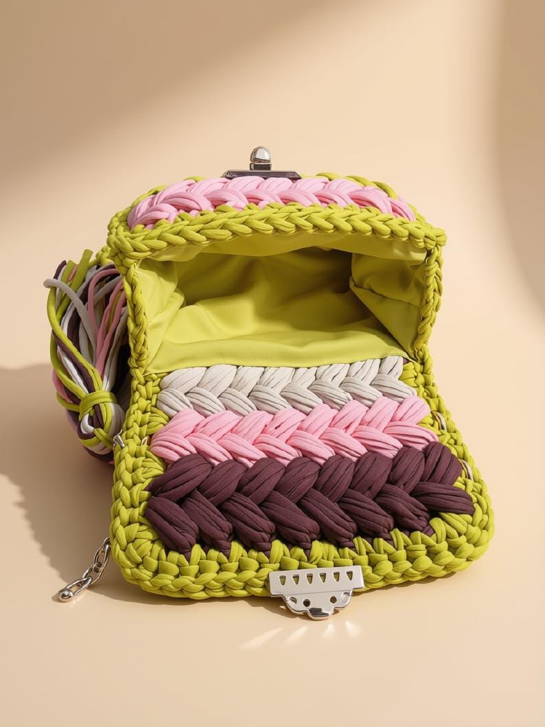 Multicolor Knitted Shoulder Bag |Braided T Shirt Yarn Crochet Purse | Woven Sling Bag | Top Handle Handbag | Boho Crossbody Bag | Summer bag