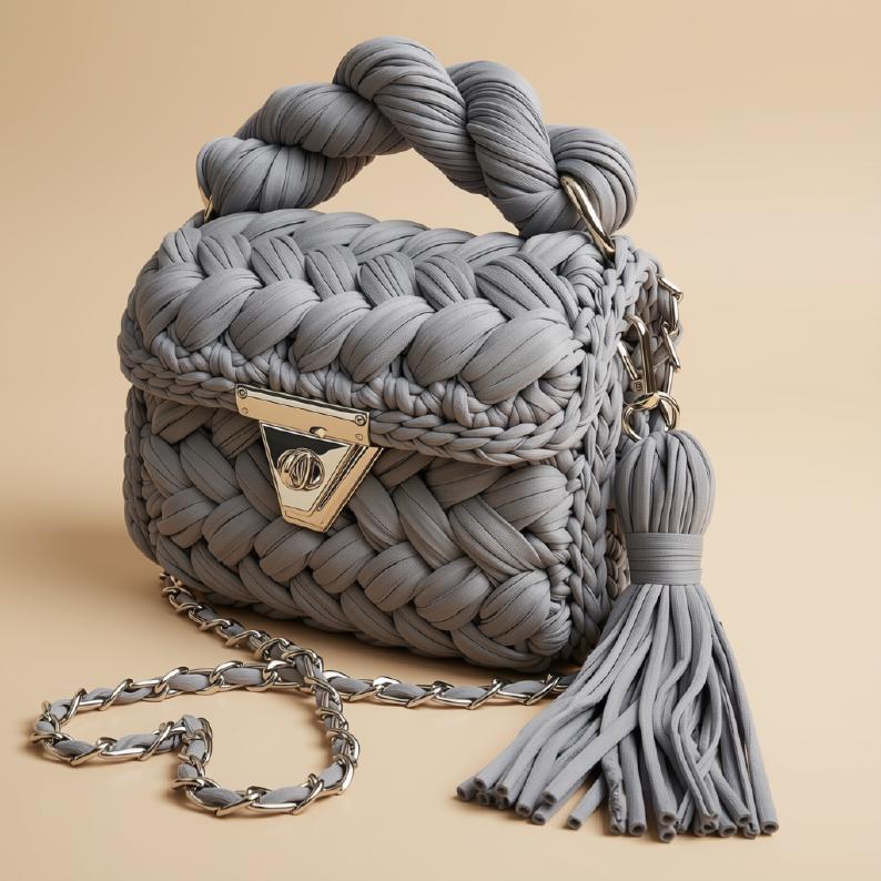 Gray Crochet Sling Bag | Knitted T Shirt Yarn Crossbody Bag | Mini Boho Shoulder Purse | Acrylic Chain Handbag | Summer Bag | Gift for Her