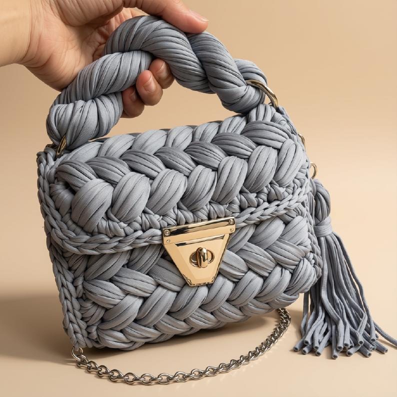 Gray Crochet Sling Bag | Knitted T Shirt Yarn Crossbody Bag | Mini Boho Shoulder Purse | Acrylic Chain Handbag | Summer Bag | Gift for Her