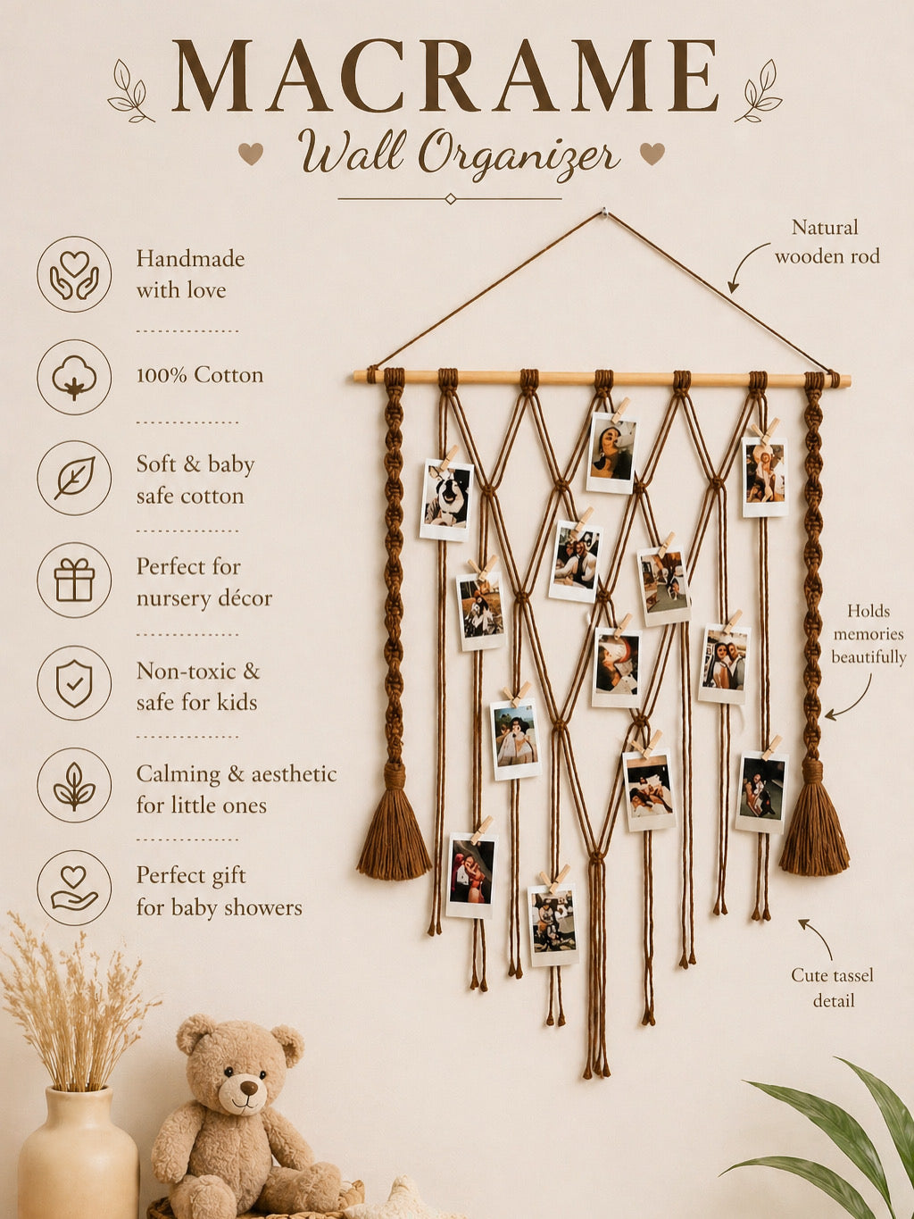 Handmade Boho Macrame Photo Display | Wall Hanging Picture Holder