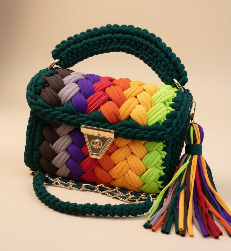 Handmade Crochet Shoulder Bag | Knitted T-Shirt Yarn Chain Sling Bag | Boho Crossbody Purse | Woven Handbag | Multi Color Bag | Gift for Her