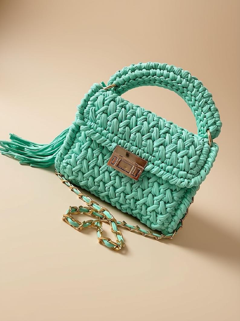 Green Crochet Bag | T Shirt Yarn Bag | Crochet Shoulder Bag | Crochet Sling Bag | Woven Crossbody Bag | Everyday Bag | Boho bag
