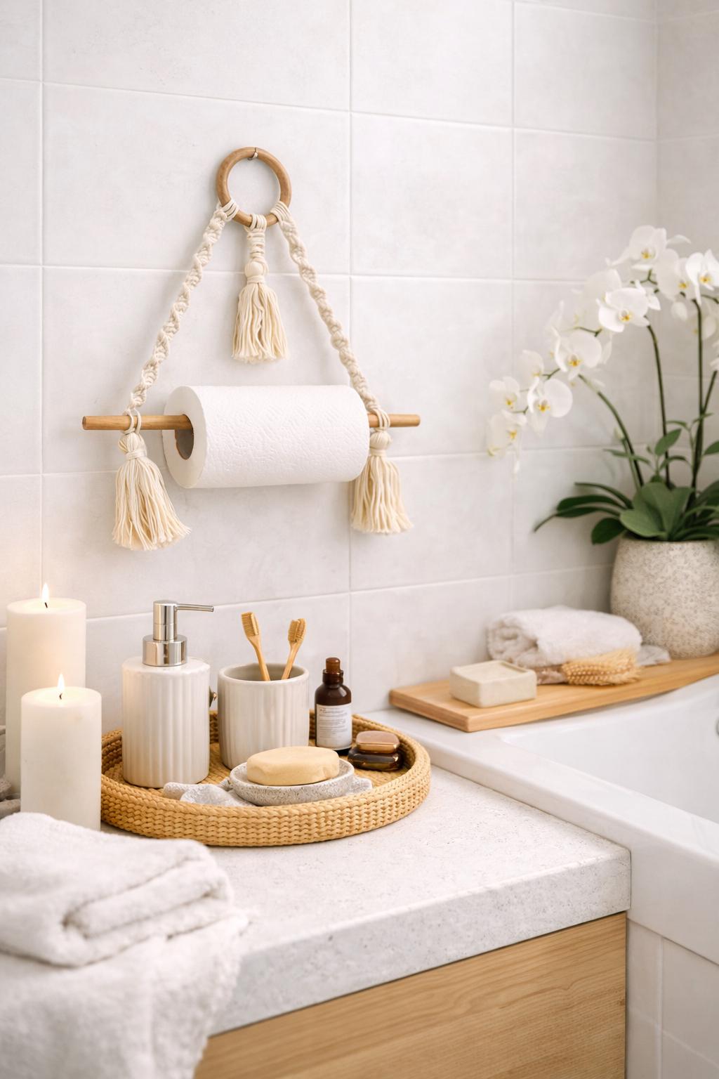 Macrame Towel Rack | Wooden Dowel Wall Hanging Tissue Holder | Rustic Bathroom Decor