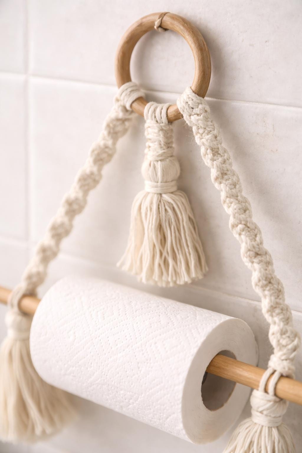 Macrame Towel Rack | Wooden Dowel Wall Hanging Tissue Holder | Rustic Bathroom Decor