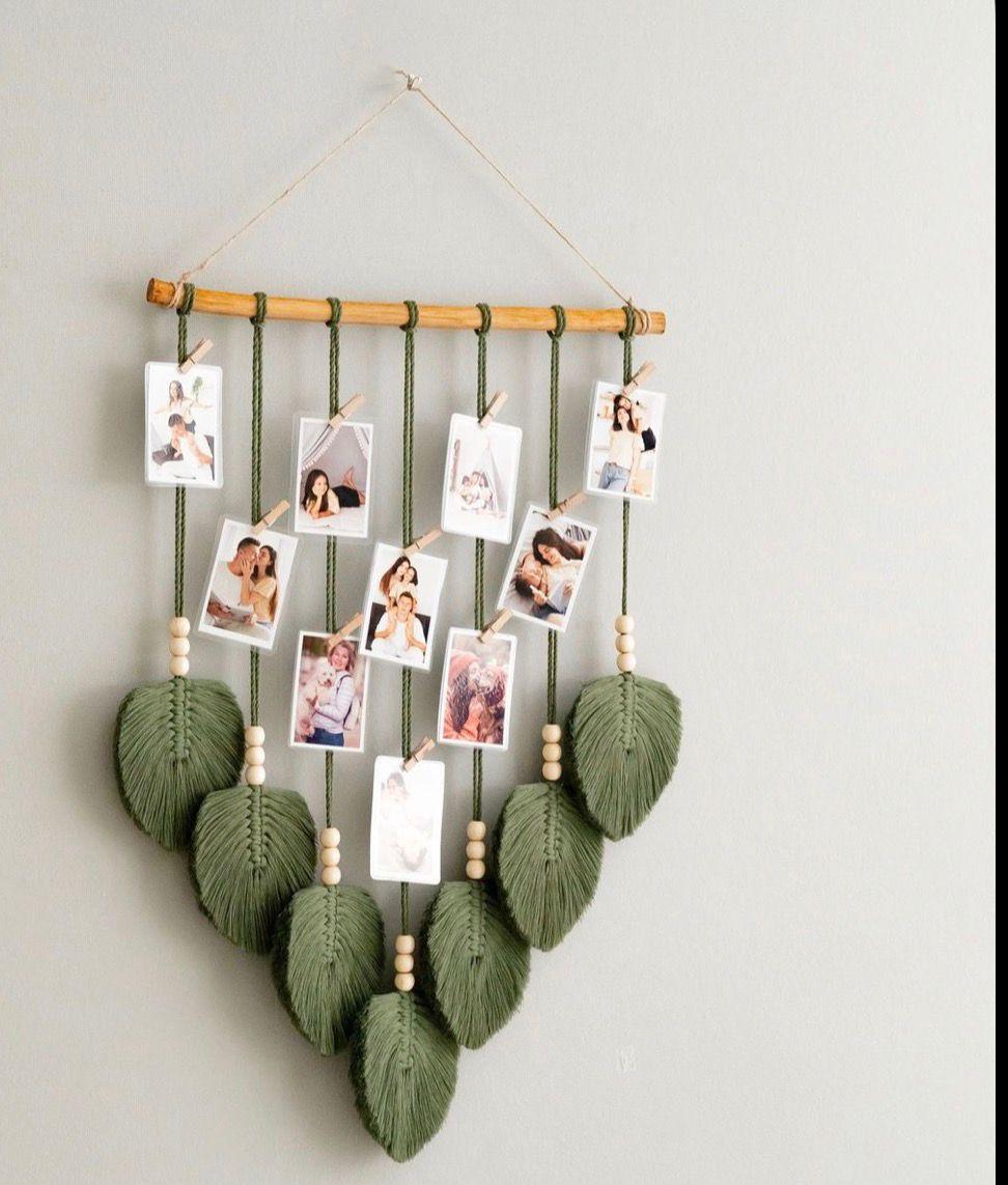 Boho Macramé Photo Wall Hanging – Handmade Leaf Tapestry & Picture Display Decor