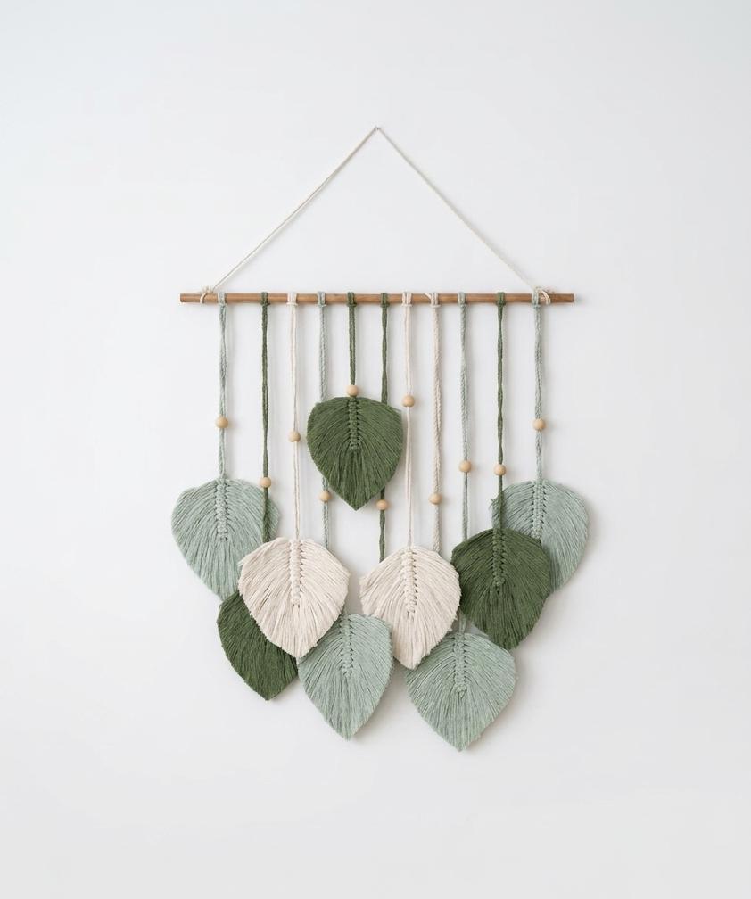 Macrame Leaf Wall Hanging | Boho Cotton Rope Wall Decor | Woven Leaf Tapestry with Natural Wood | Rustic Home Decor