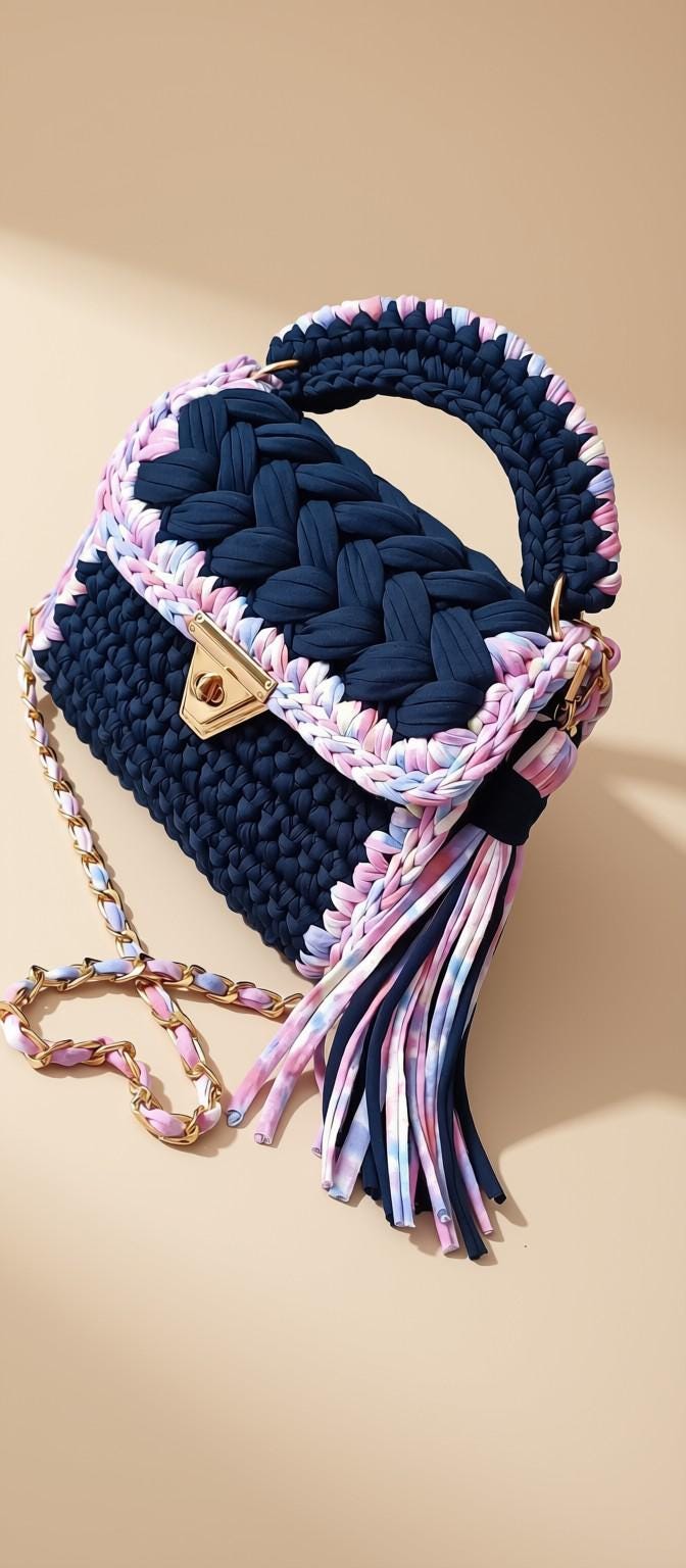 Handmade Crochet Bag | Blue Knitted T Shirt Yarn Bag | Mini Crochet Purse | Boho Crossbody Handbag | Woven Fashion Bag | Gift for Her