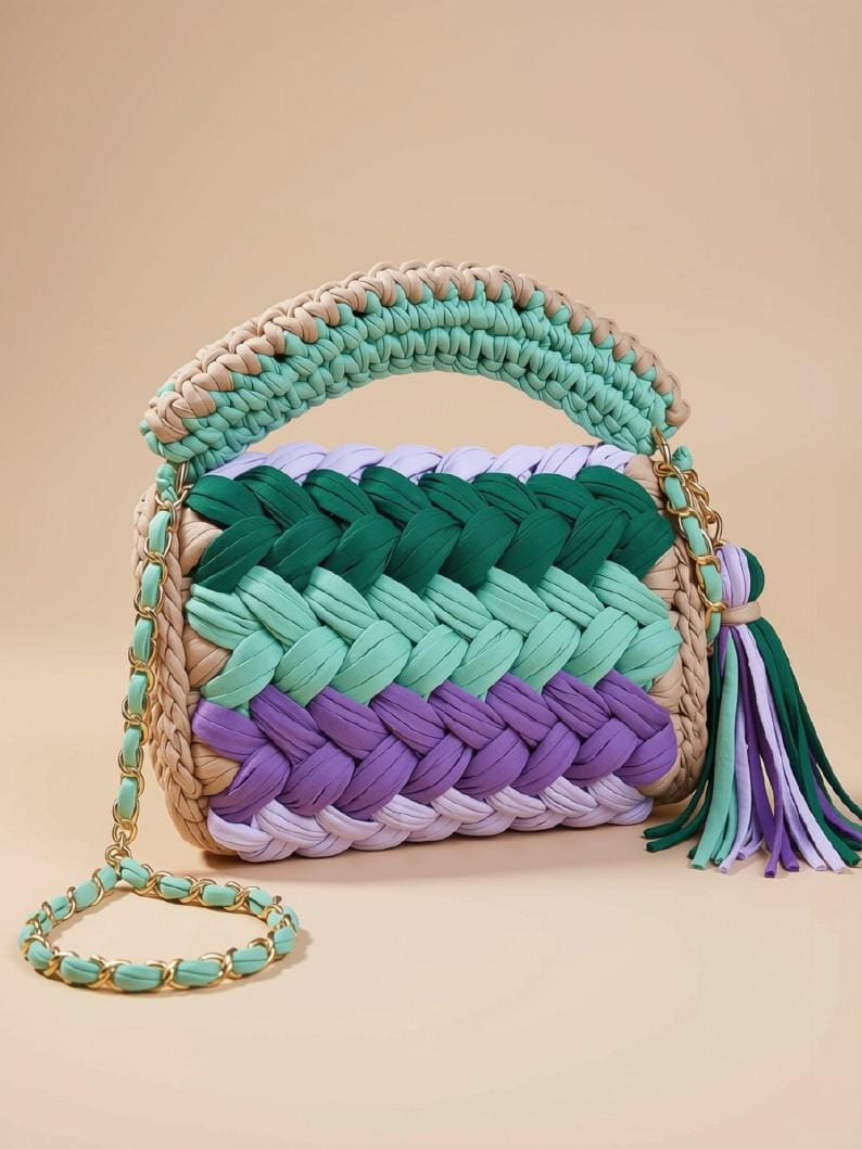 Multi Color Crochet Chain Sling Bag | Knitted Shoulder Purse | Boho Crossbody Bag | T-Shirt Yarn Handbag | Summer Beach Purse | Gift for Her