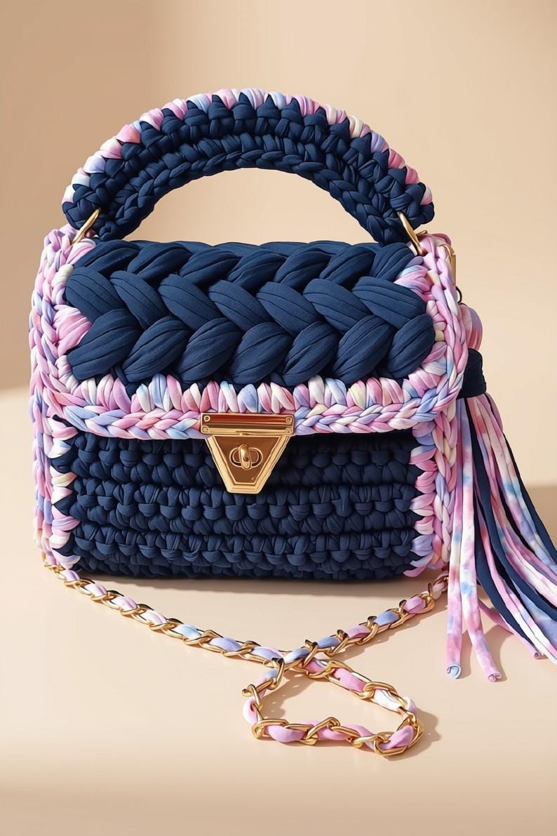 Handmade Crochet Bag | Blue Knitted T Shirt Yarn Bag | Mini Crochet Purse | Boho Crossbody Handbag | Woven Fashion Bag | Gift for Her