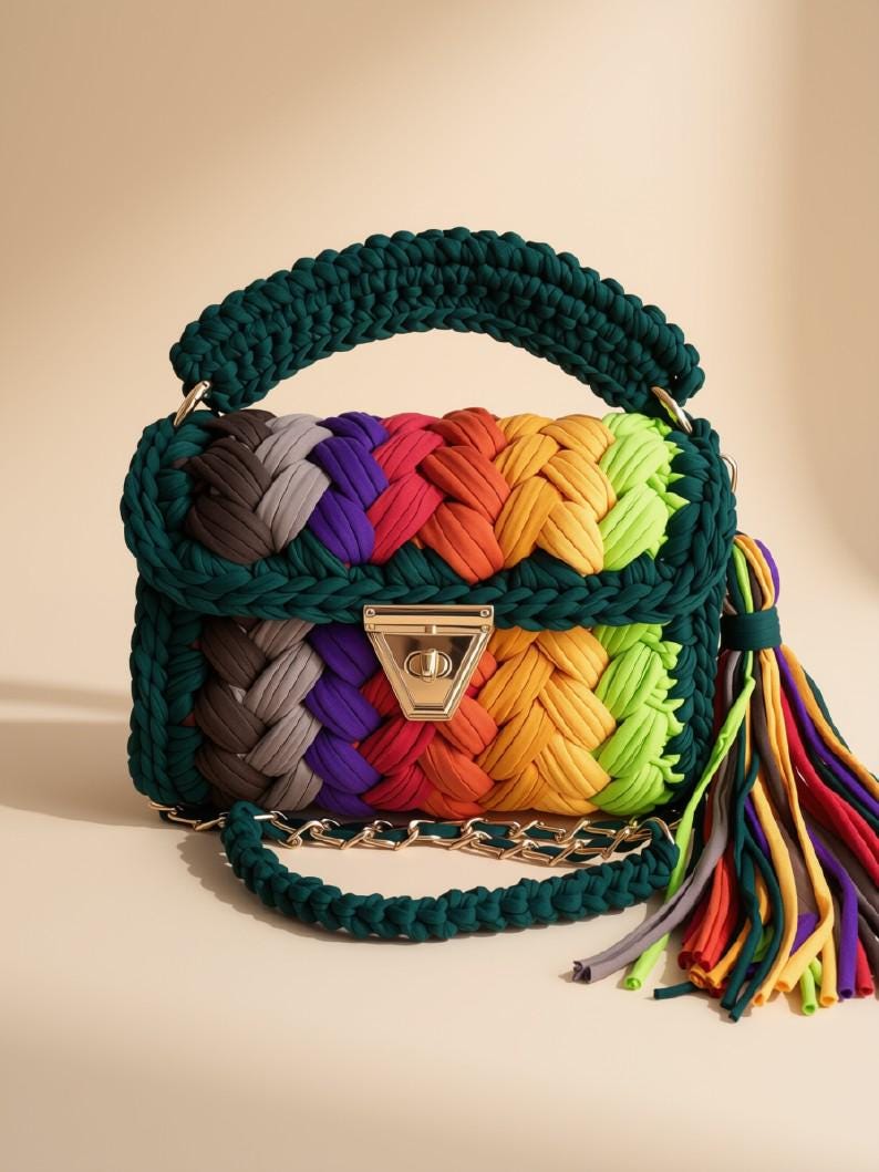Handmade Crochet Shoulder Bag | Knitted T-Shirt Yarn Chain Sling Bag | Boho Crossbody Purse | Woven Handbag | Multi Color Bag | Gift for Her