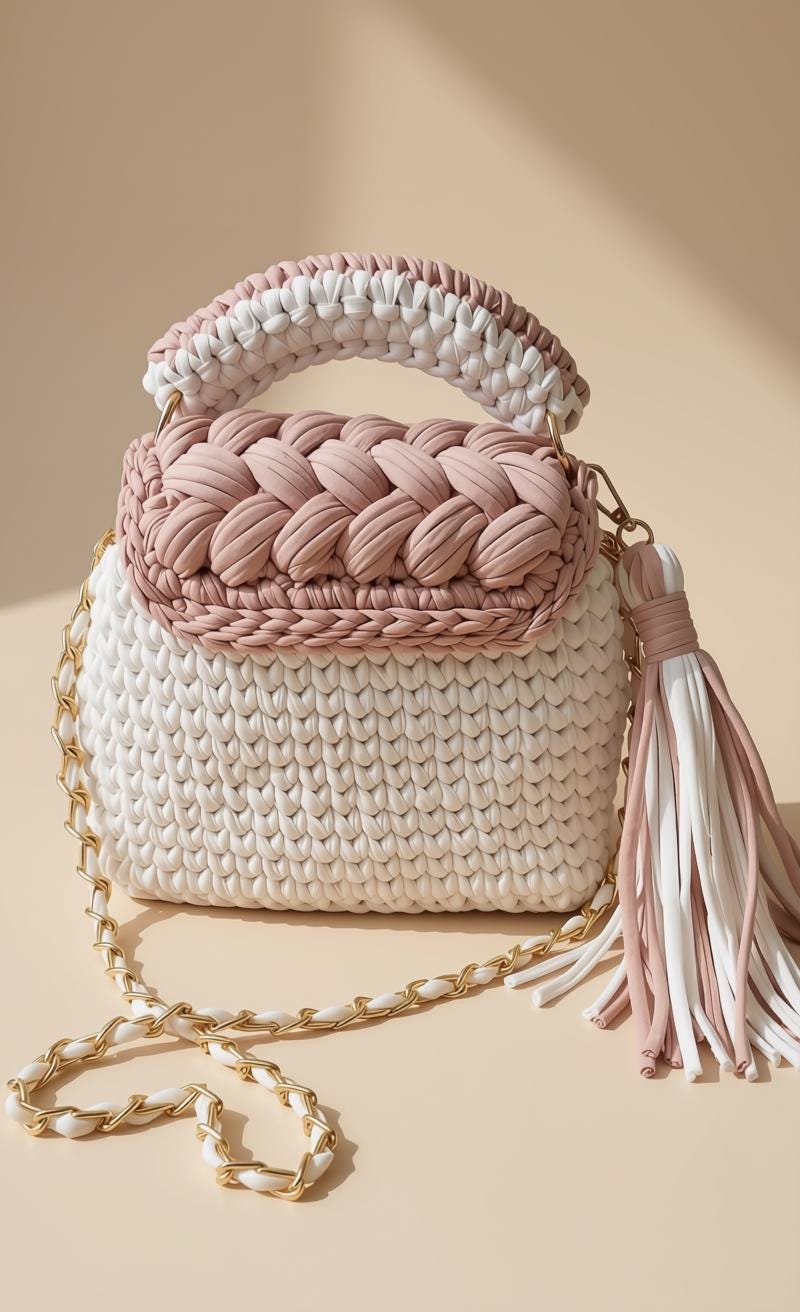 Pink & White Crochet Bag | Bridal Purse | T Shirt Yarn Bag | Knitted Woven Sling Bag | Everyday Handbag | Boho Crossbody Bag | Gift for Her