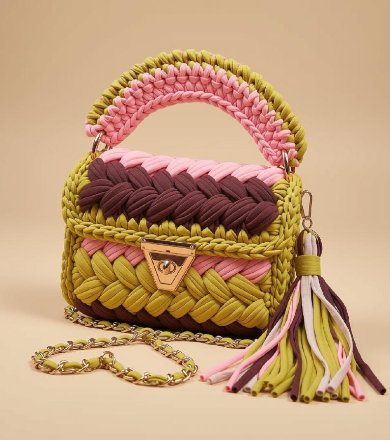 Multicolor Knitted Shoulder Bag |Braided T Shirt Yarn Crochet Purse | Woven Sling Bag | Top Handle Handbag | Boho Crossbody Bag | Summer bag